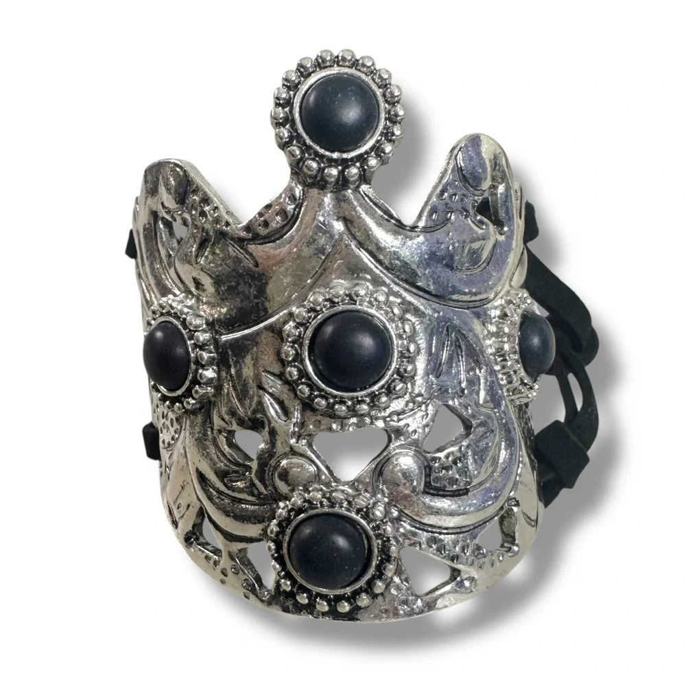 Free People Bohemian Witchy Ornate Coronation Cuff Bracelet Black Silver NWT